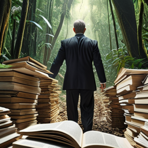 A lawyer navigating through a dense jungle of legal texts, symbolizing the complexities of legal challenges.