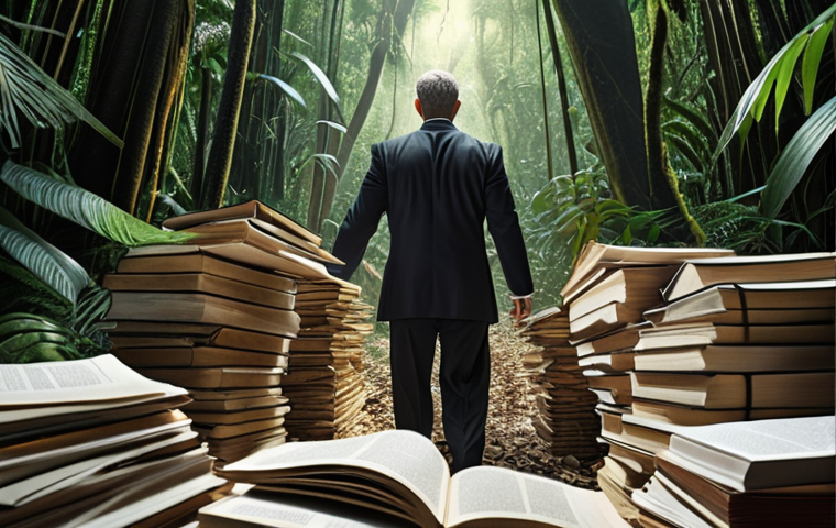 A lawyer navigating through a dense jungle of legal texts, symbolizing the complexities of legal challenges.